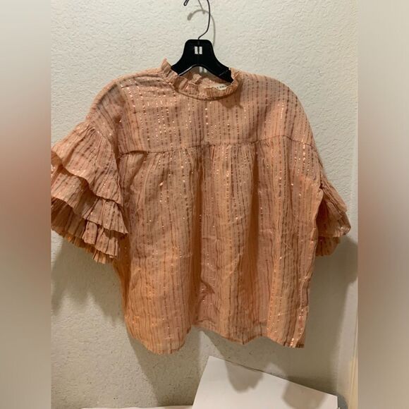 Ulla Johnson Womens Metallic Stripe Short Sleeve Ruffle Top Blouse Peach Size 2 - Picture 2 of 8